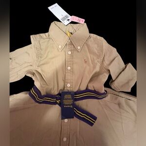 Ralph Lauren Tan Button-Front Shirt Dress with Purple & Yellow Ribbon